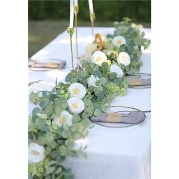 6.56ft Eucalyptus Garland with Flowers-8 White Roses, Artificial Fake Flowers - Picture 3 of 7
